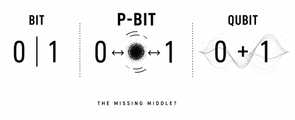 Magnetism (spintronics): bit → p-bit → qubit, the missing middle in computing.