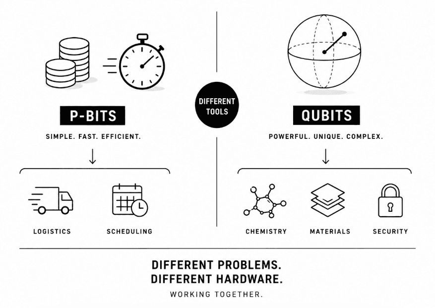 p-bits can be cheap and fast. So why do we still need qubits?
